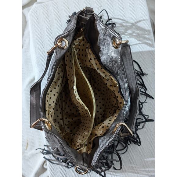 Metallic Silver Fringe Rhinestone Detail Shoulder Bag Hobo Purse Glam - Picture 5 of 6